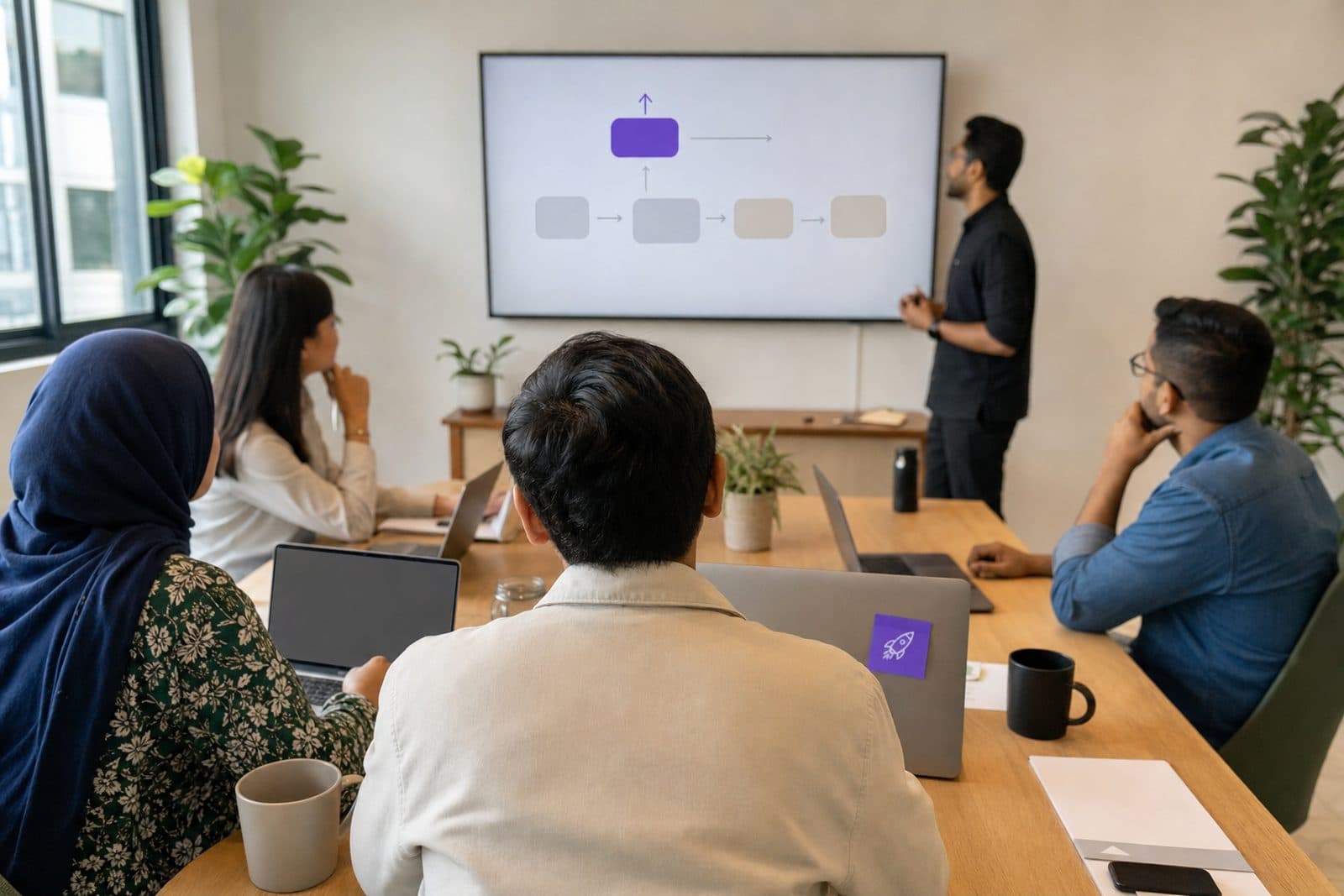 A small team at laptops during a hands-on session, with a workflow diagram on the screen where one step is highlighted