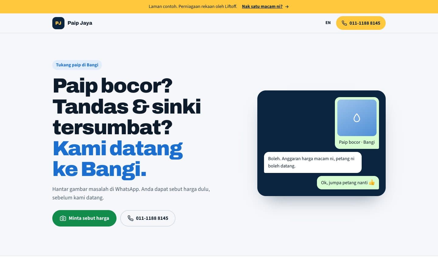 Laman contoh tukang paip Paip Jaya pada komputer riba dan telefon